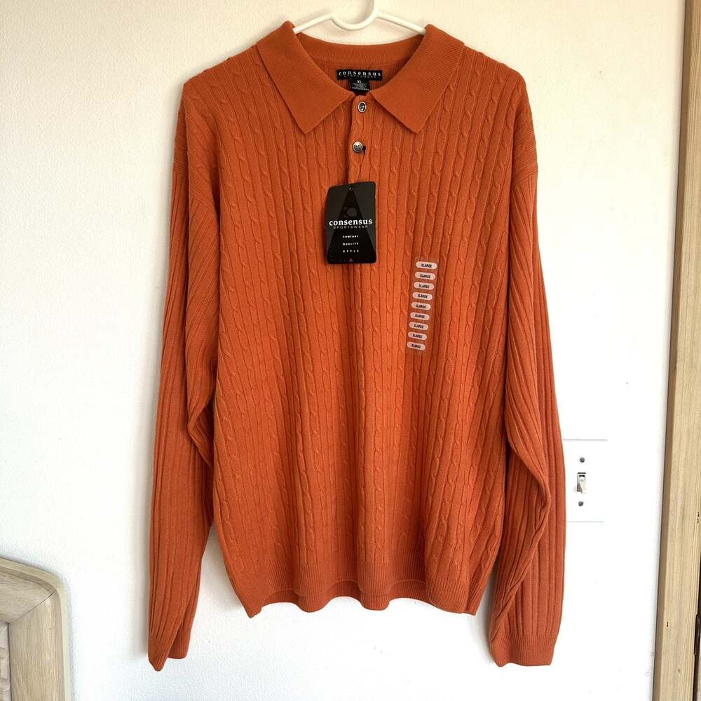 NWT Cable Knit Collared Sweater Sz XL Consensus Sportswear Orange Classic Fall